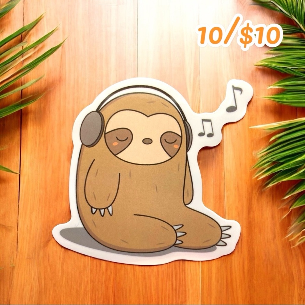 10 / $10 - Chill Sloth with Headphones Sticker - Music / Relax